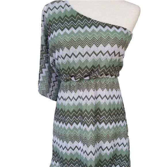 One Shoulder Green Zig Zag Striped Y2K 90s Mini Dress Size XS - Picture 9 of 10